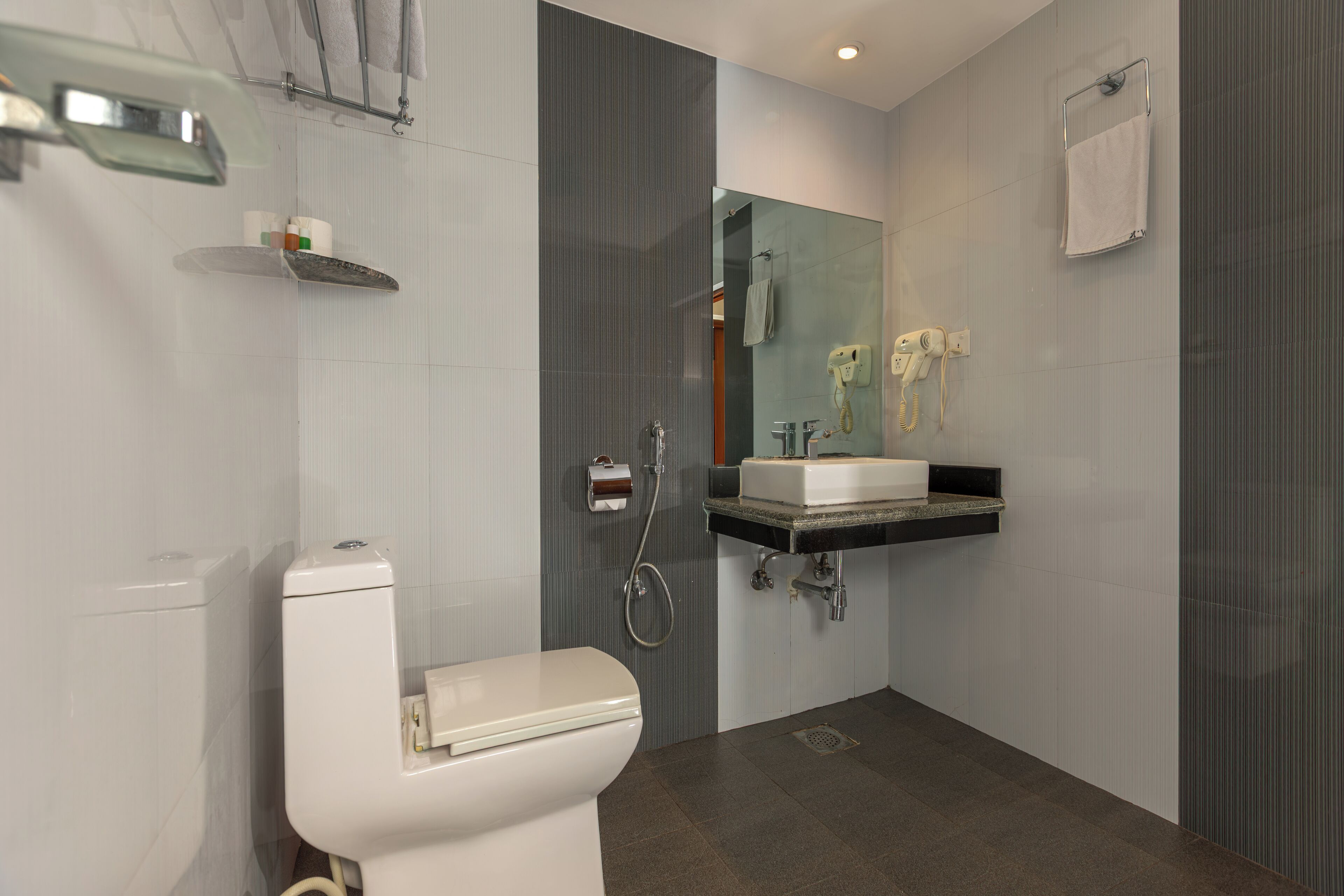 rainfall showerhead, free toiletries, hair dryer, slippers