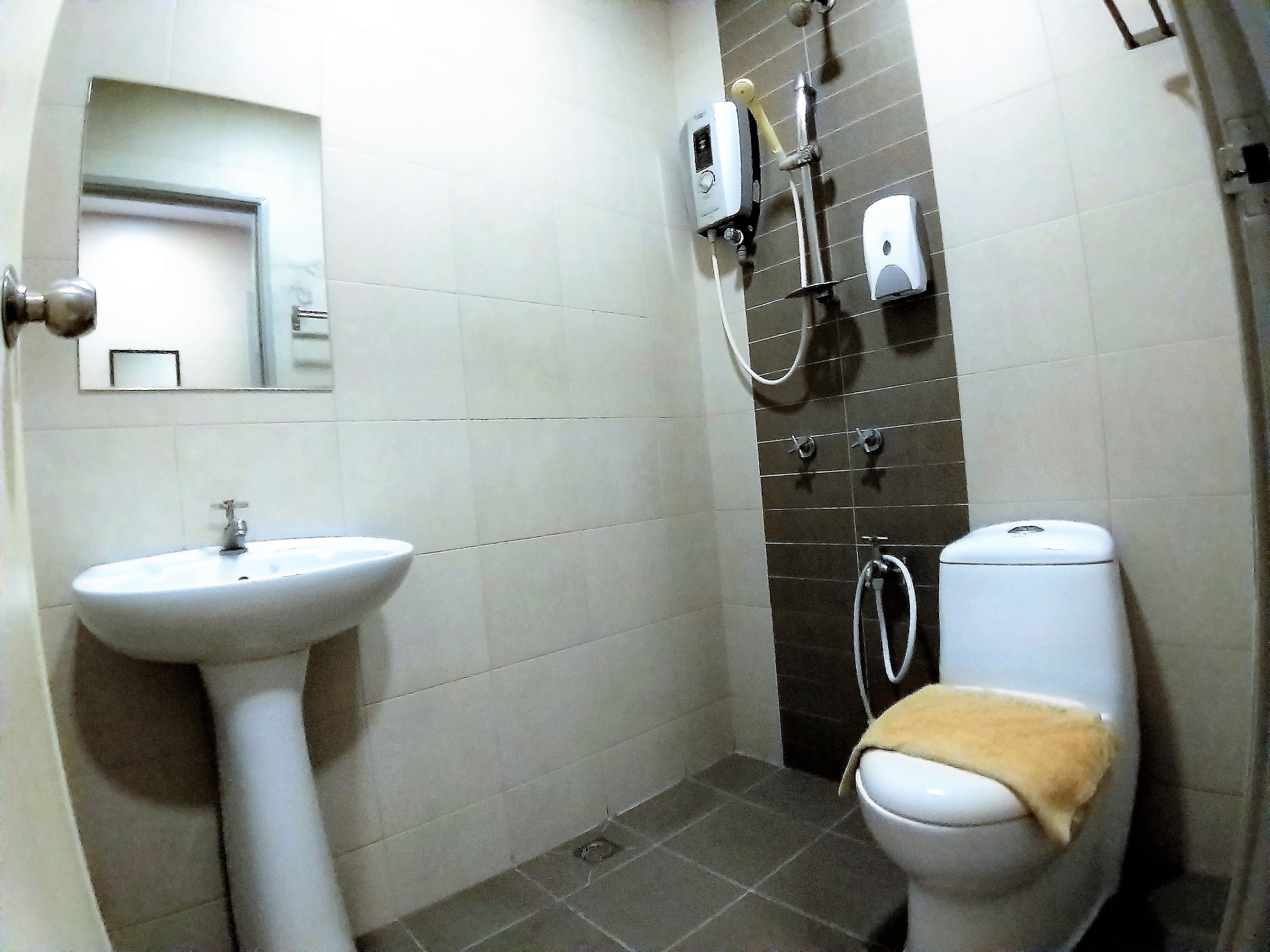 Un baño con lavamanos pedestal, inodoro, ducha con cabezal de ducha manual y un perchero para toallas.