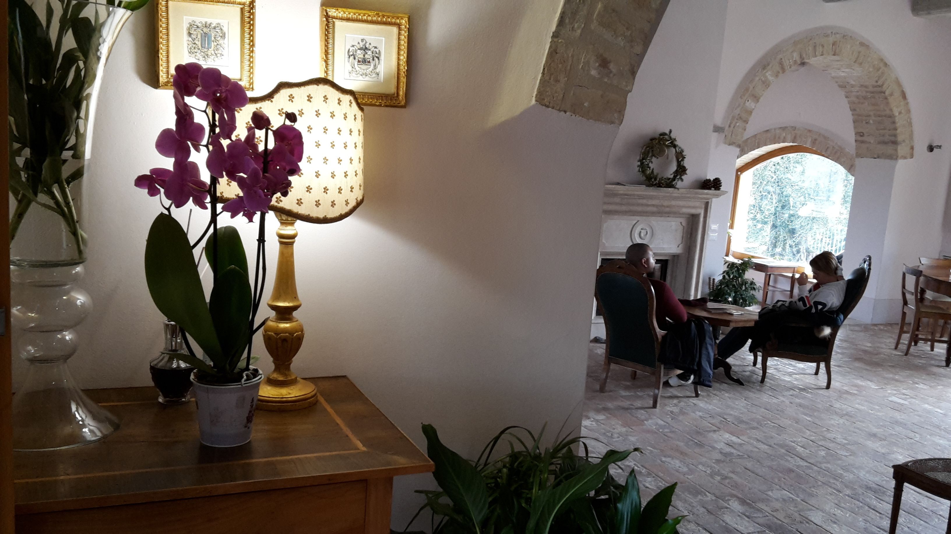 A room with a wooden table, a lamp, and a potted orchid. There are framed pictures on the wall, a fireplace, and a window with a view.