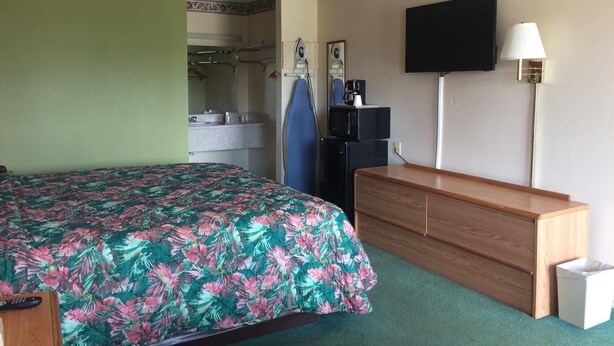 A hotel room with a bed, a dresser, a television, a lamp, and a small trash bin. - Western Motel of Camilla (Camilla)