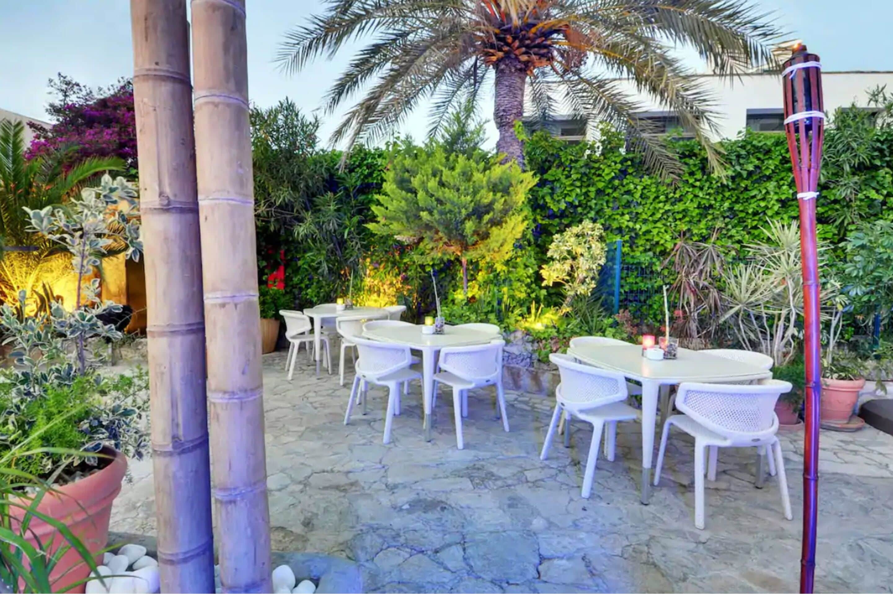 Une terrasse extérieure avec des tables et des chaises en osier blanc, entourée d’une végétation luxuriante et d’un palmier.