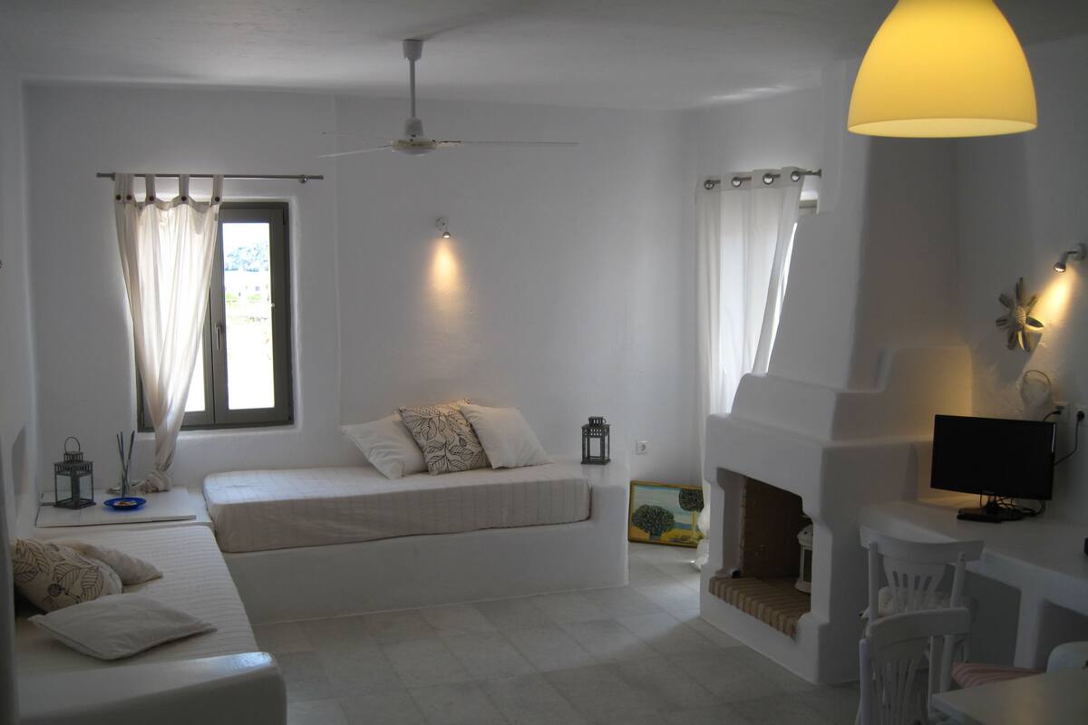 Un dormitorio con cama, escritorio, silla, chimenea y ventana con cortinas.