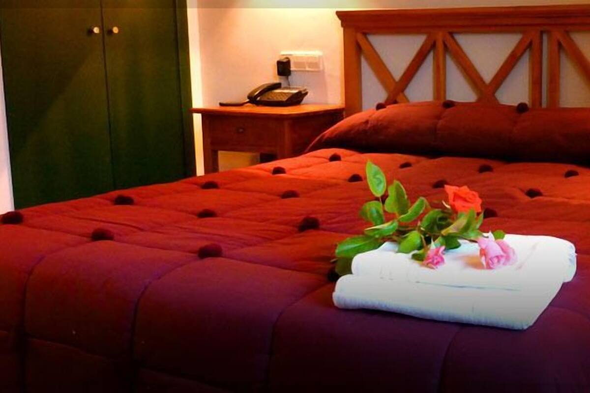 Une chambre d’hôtel avec un grand lit, une tête de lit en bois, une table de chevet avec une lampe et une porte verte.