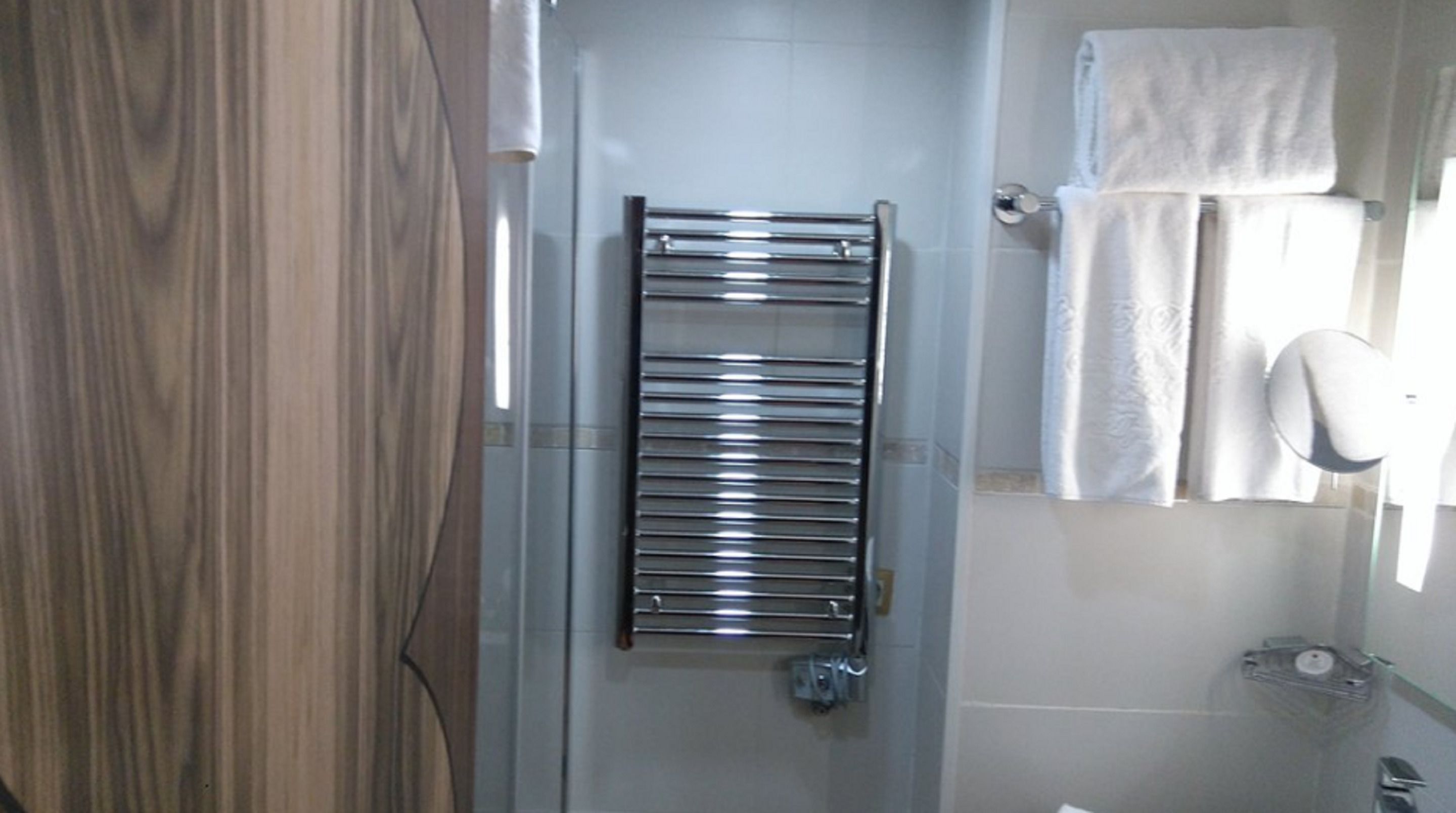 A bathroom with a glass shower door, a chrome towel rack, and a white towel hanging on a towel rack.