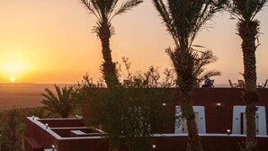 A sunset view from a rooftop terrace with palm trees and a distant landscape. - Hôtel Gourara (Timimoun)