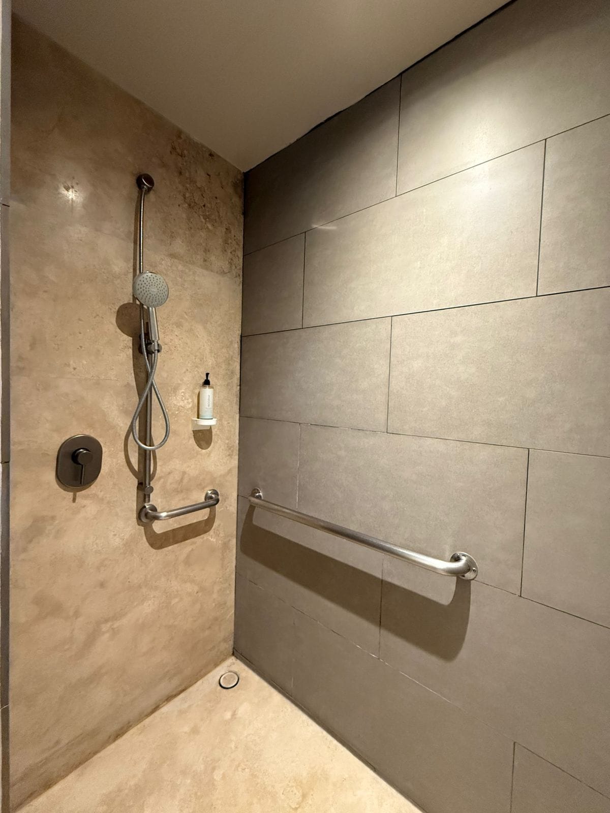 A shower area with a handheld showerhead, a handheld soap dispenser, and a grab bar.