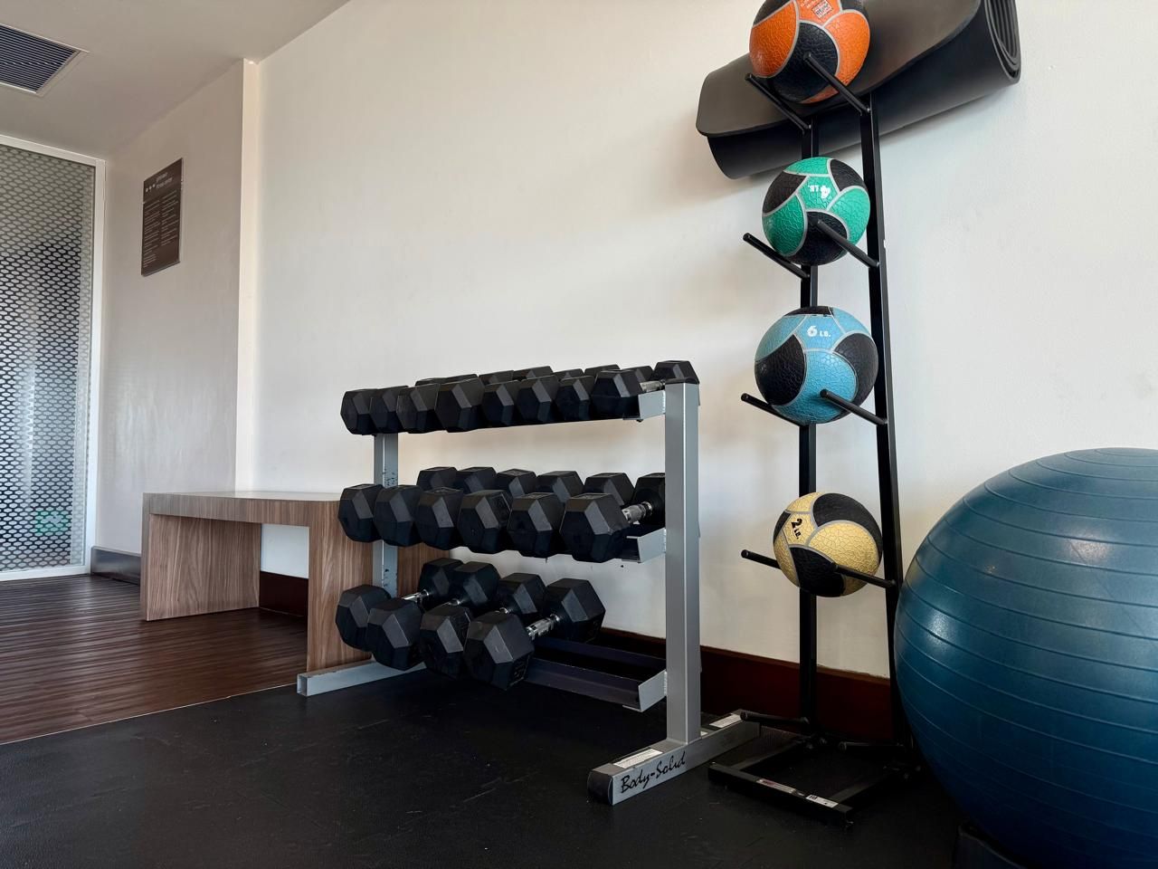 A gym with a rack of dumbbells, a bench, and a wall-mounted ball rack with various sports balls.