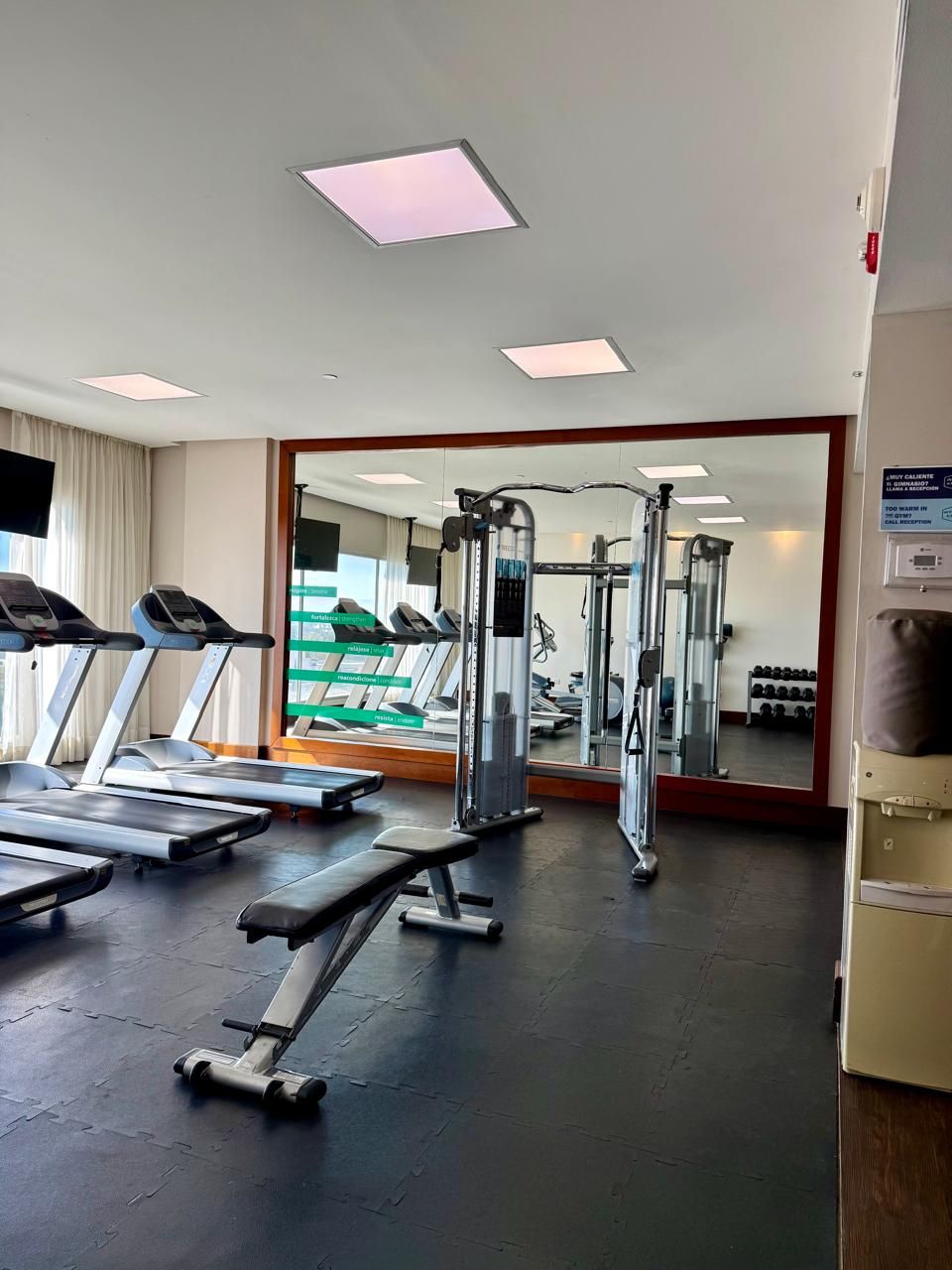 Une salle de sport équipée de tapis de course, d’un banc de développé couché et d’une machine de musculation.