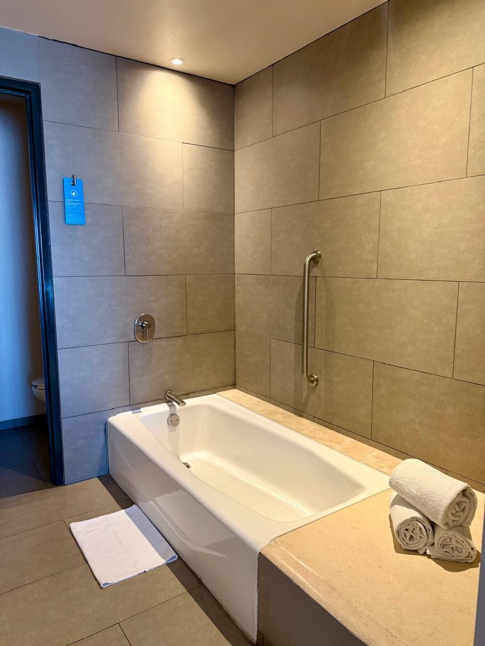 A modern bathroom with a bathtub, a handrail, a towel, and a small mat.