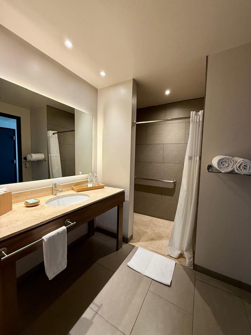 Une salle de bain moderne avec un double vasque, un grand miroir et un espace douche.