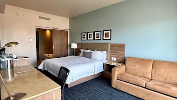A hotel room with a bed, a desk, a sofa, and a shower area.