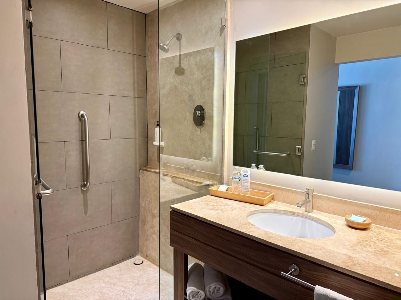 A modern bathroom with a glass-enclosed shower, a vanity with a sink, and a large mirror.