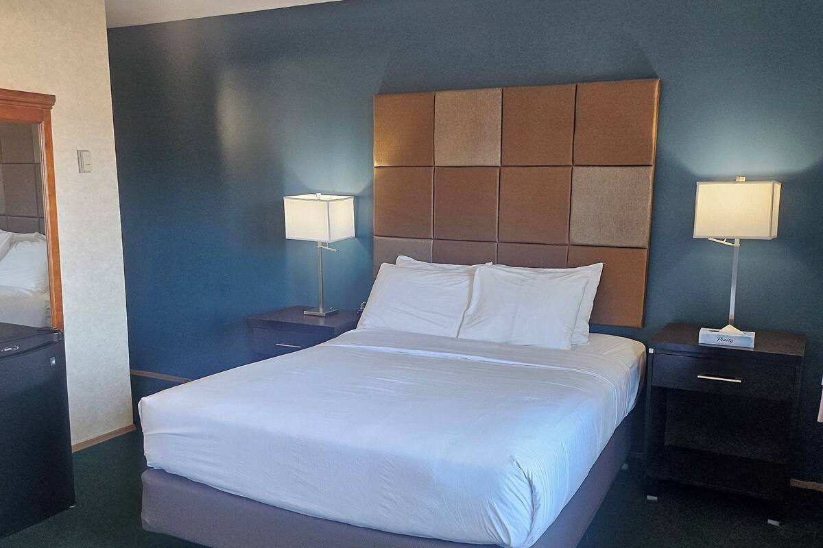 A hotel room with a large bed, two bedside tables with lamps, a headboard, and a ceiling light.
