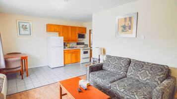 Um espaço compacto com cozinha compacta, sofá estampado, mesa de jantar e uma pequena TV.