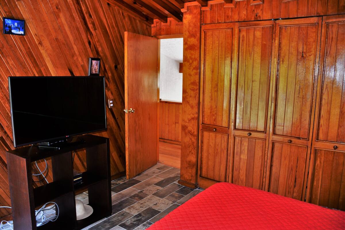 Een kamer met houten lambrisering, een televisie op een standaard, een bed met een rode spreidek en een garderobe met meerdere deuren.