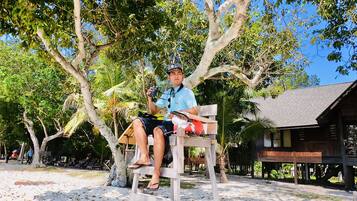 Situated under a shaded tree, this chair offers a serene beachside retreat.