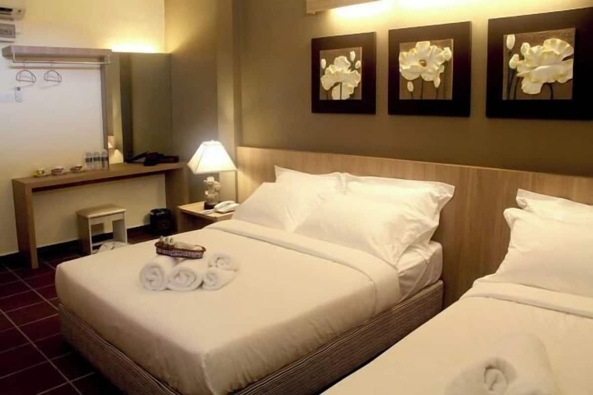 Desk, laptop workspace, free WiFi, bed sheets