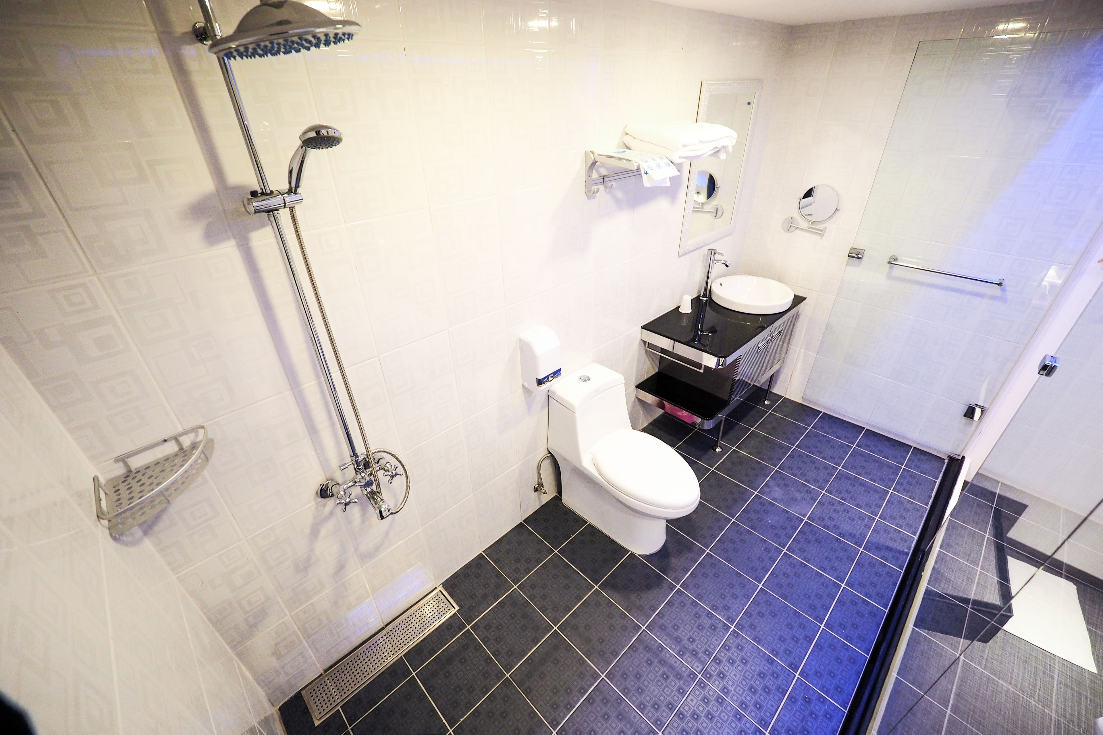A modern bathroom with a shower, toilet, and sink.