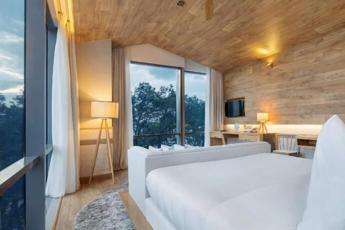 A modern bedroom with a large bed, a desk, a TV, and a view of trees through large windows.
