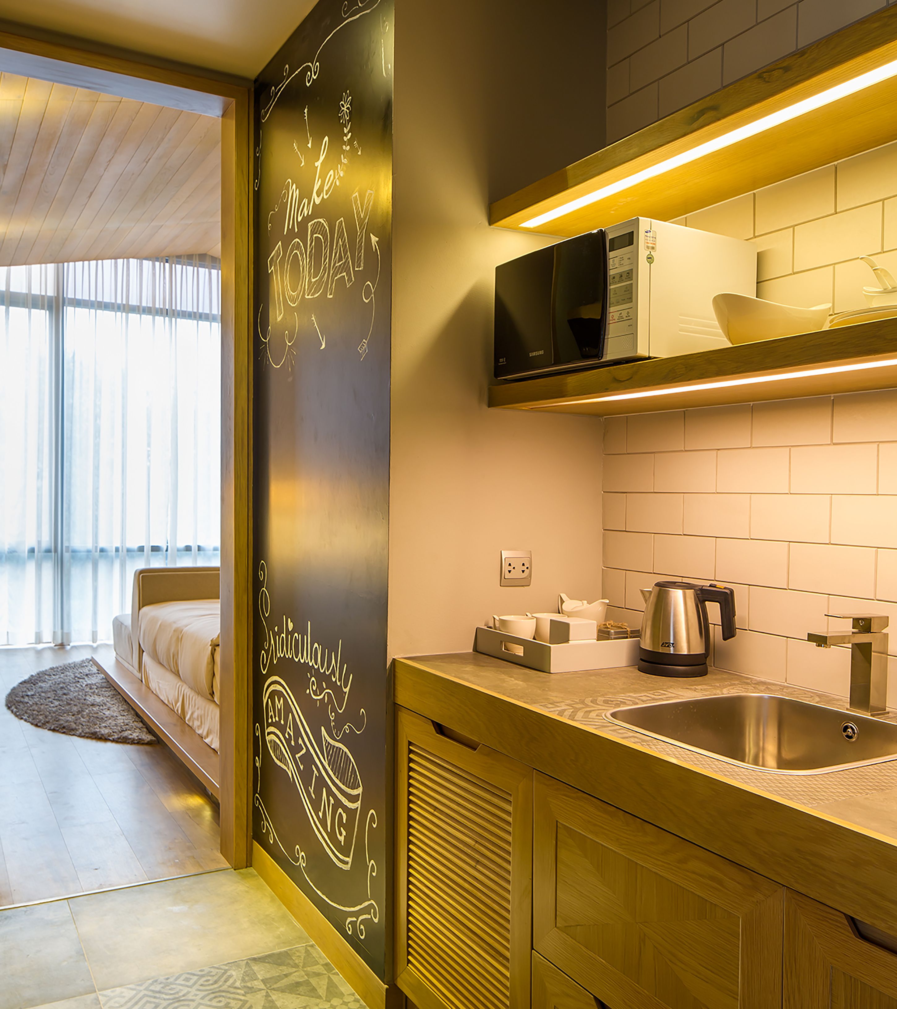 mini-fridge, microwave, dishwasher, coffee/tea maker