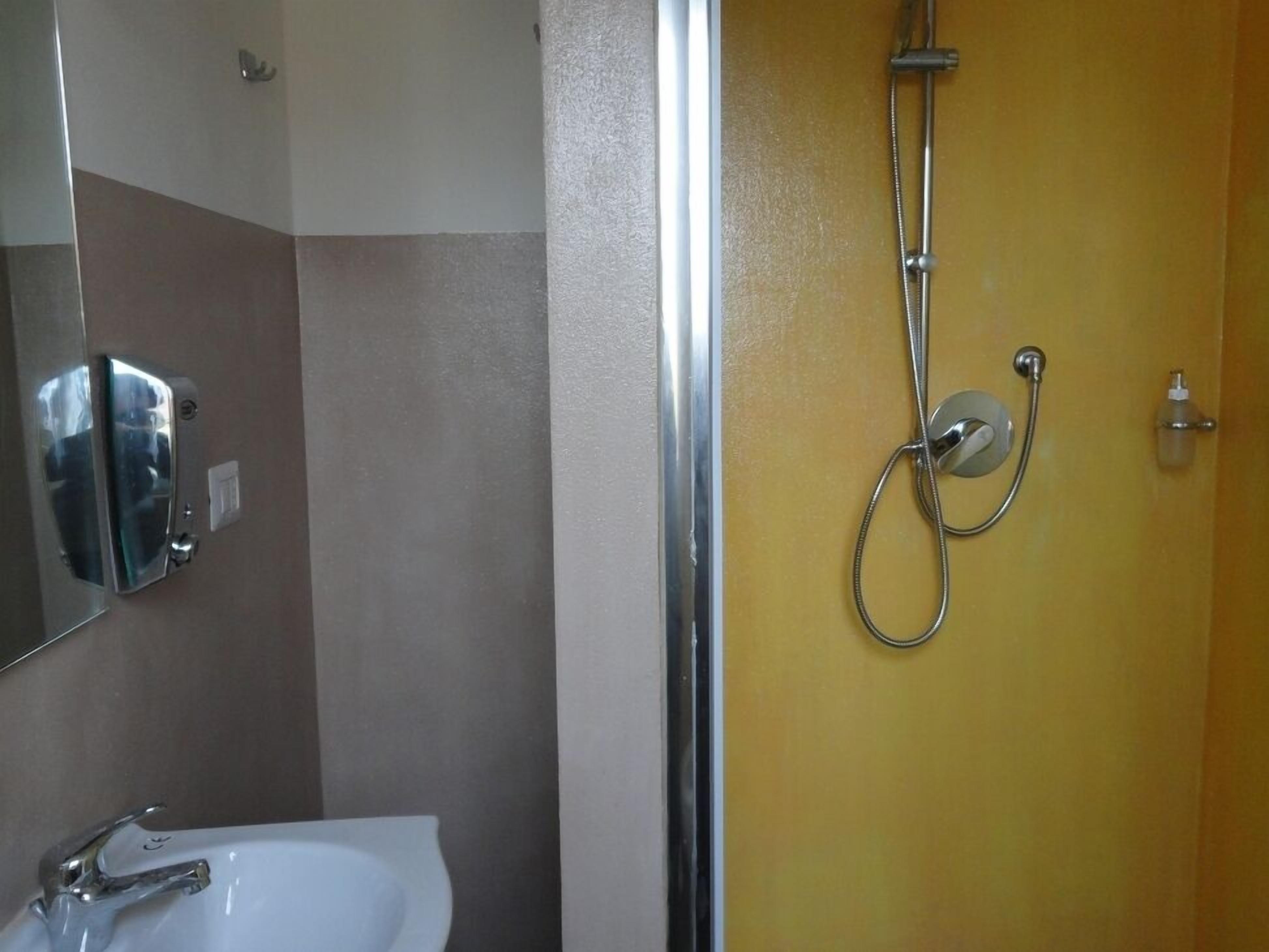 A bathroom with a white sink, a mirror, and a shower with a handheld showerhead.