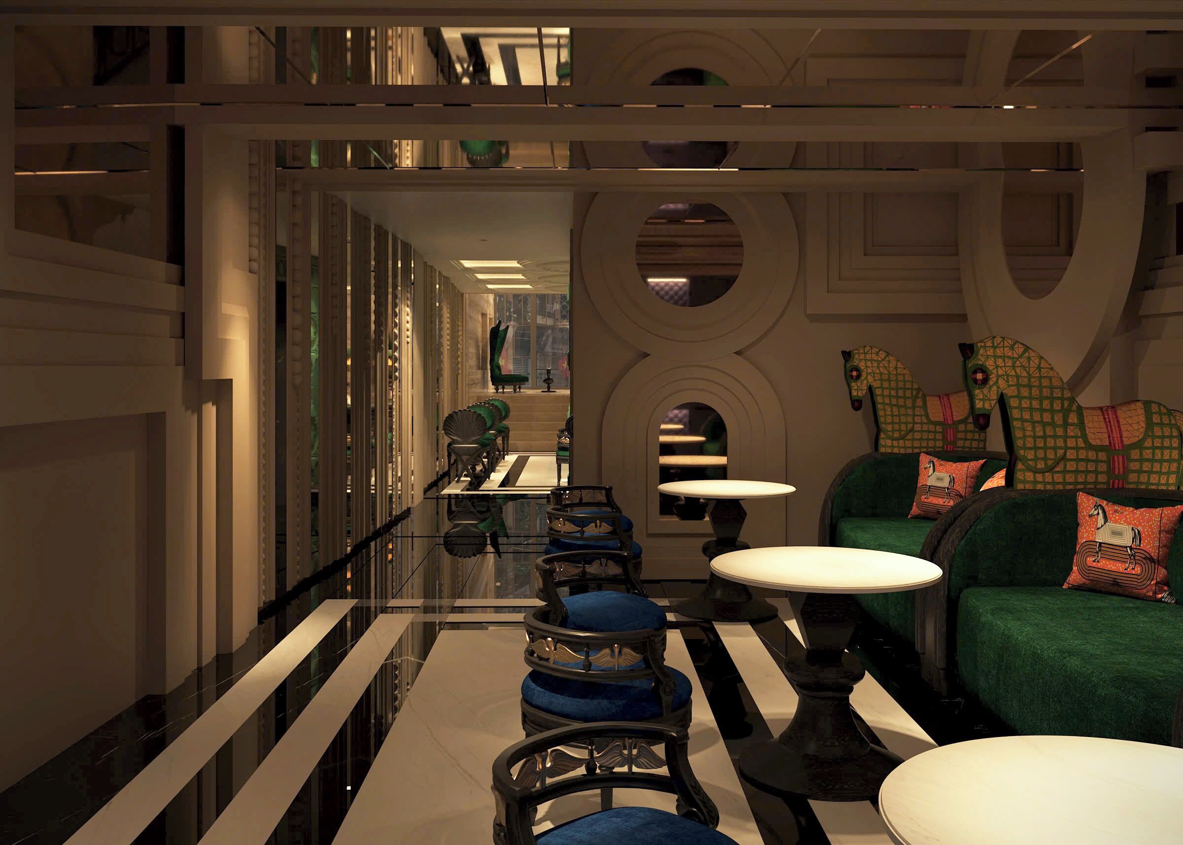 A modern interior with a reflective floor, green seating area, and a long corridor with a green chair and tables.