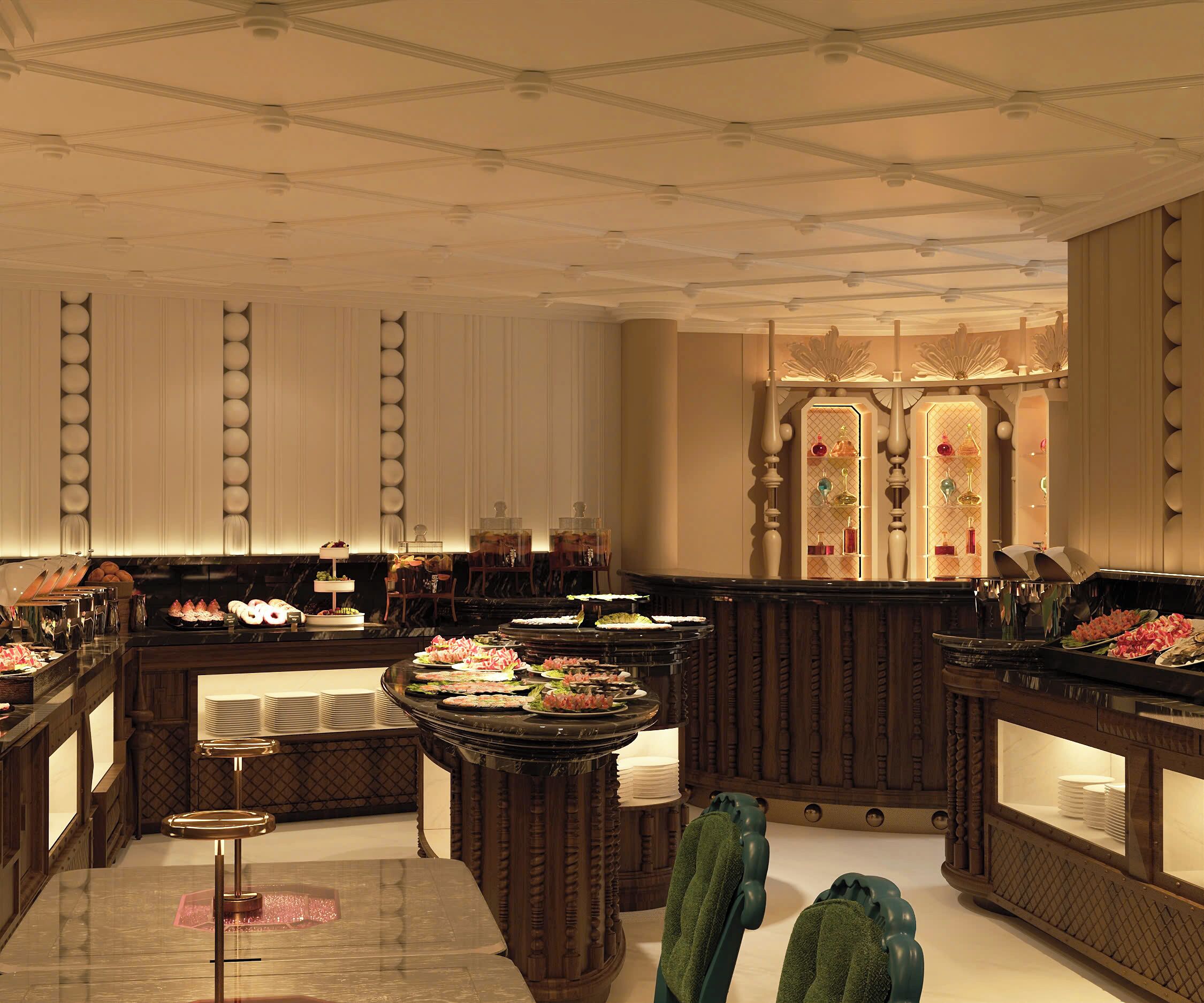 A hotel lobby with a buffet area, marble flooring, and a decorative ceiling.