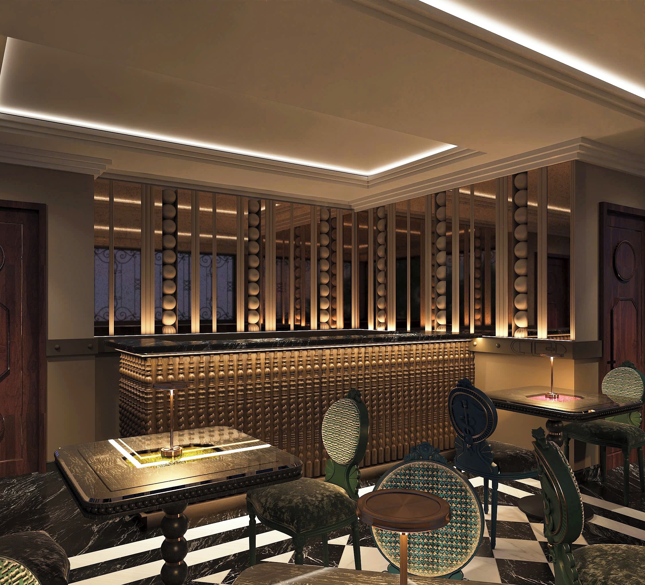 A bar area with a high counter, bar stools, and a patterned floor.