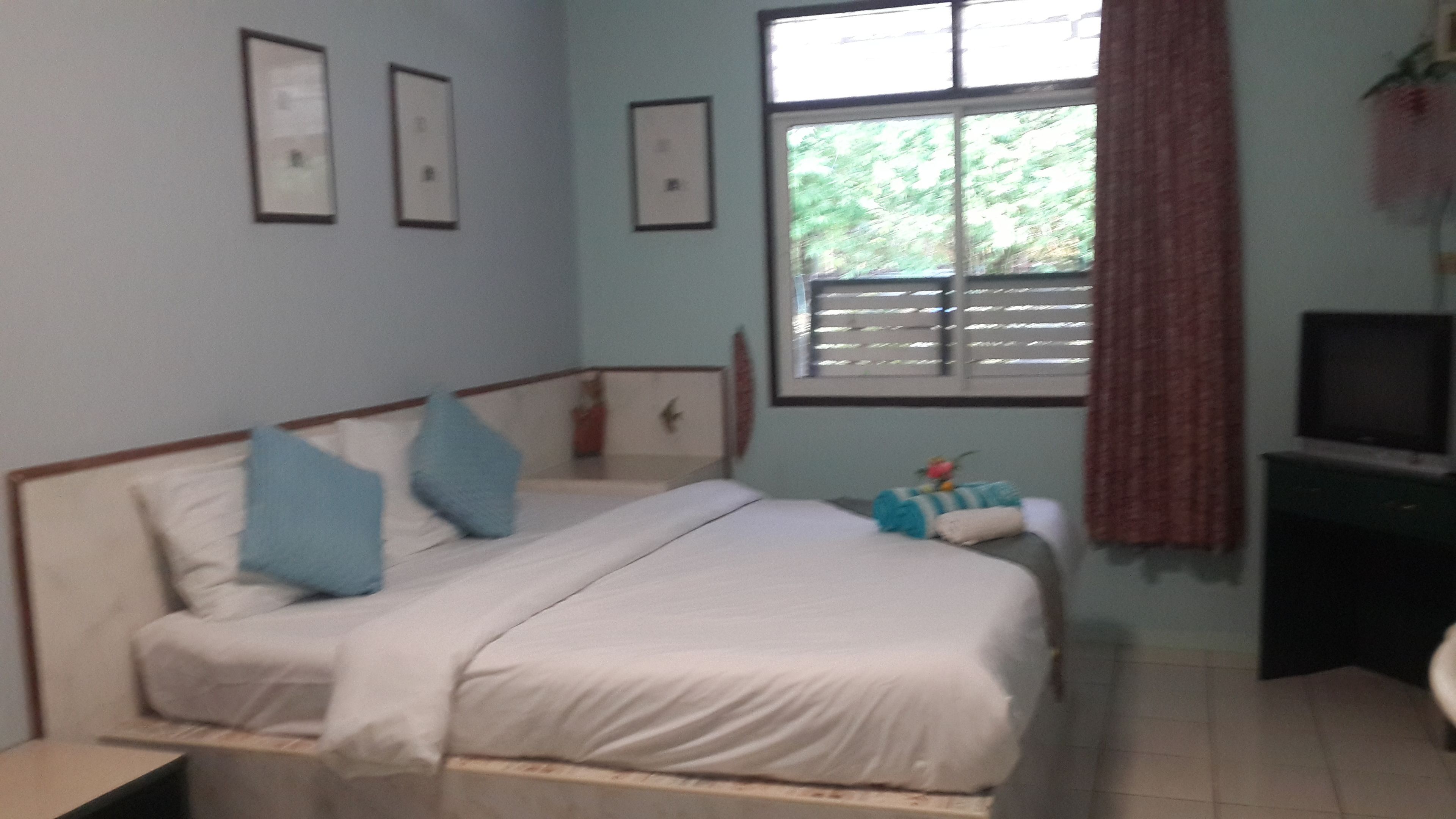 A bedroom with a bed, a television, and a window with curtains.