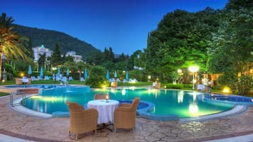 Seasonal outdoor pool, pool umbrellas, pool loungers