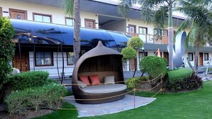 Un espacio al aire libre con un diseño curvo y original, rodeado de abundante vegetación y un edificio moderno con grandes ventanales al fondo.