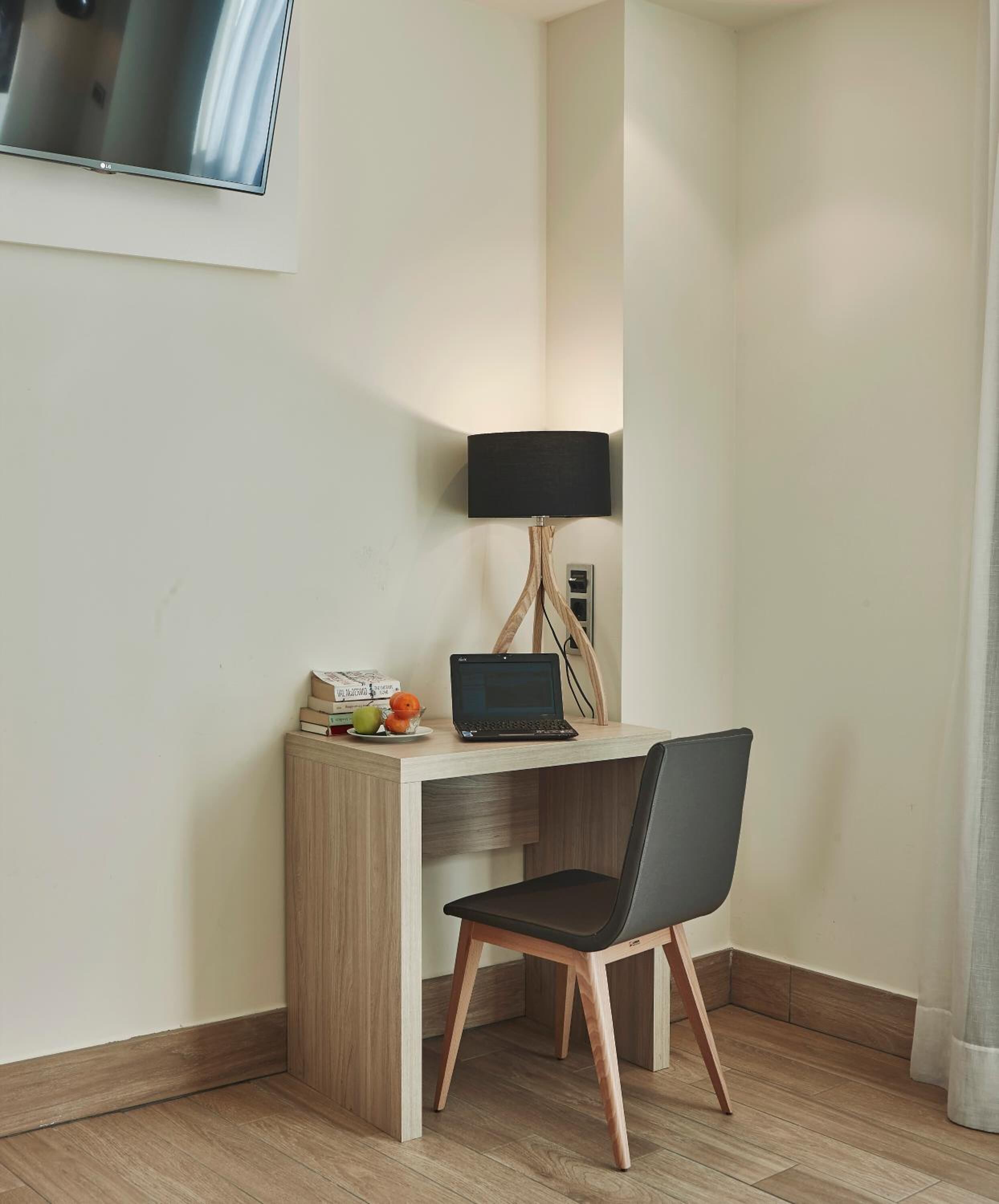 desk, blackout curtains, soundproofing, iron/ironing board