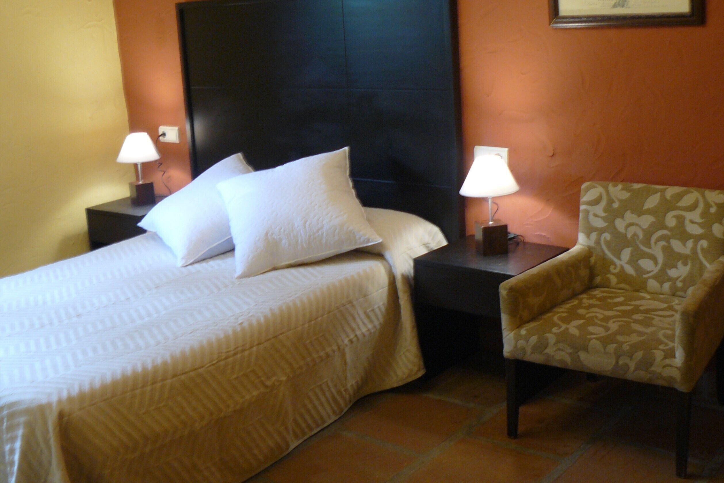 Une chambre d’hôtel avec un lit, deux tables de chevet, deux lampes et un fauteuil à motifs.