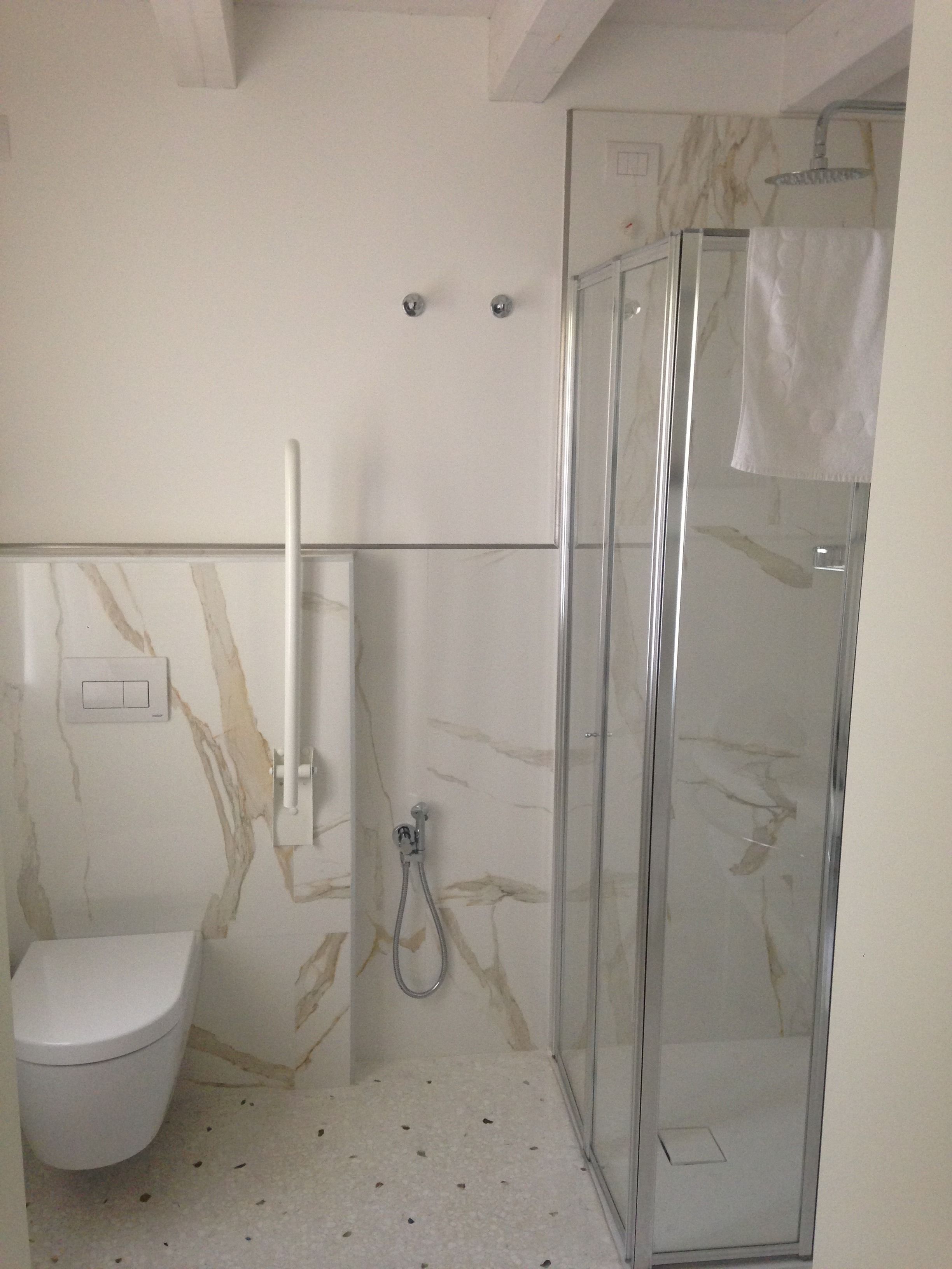 A modern bathroom with a glass shower enclosure, a toilet, and a marble wall.