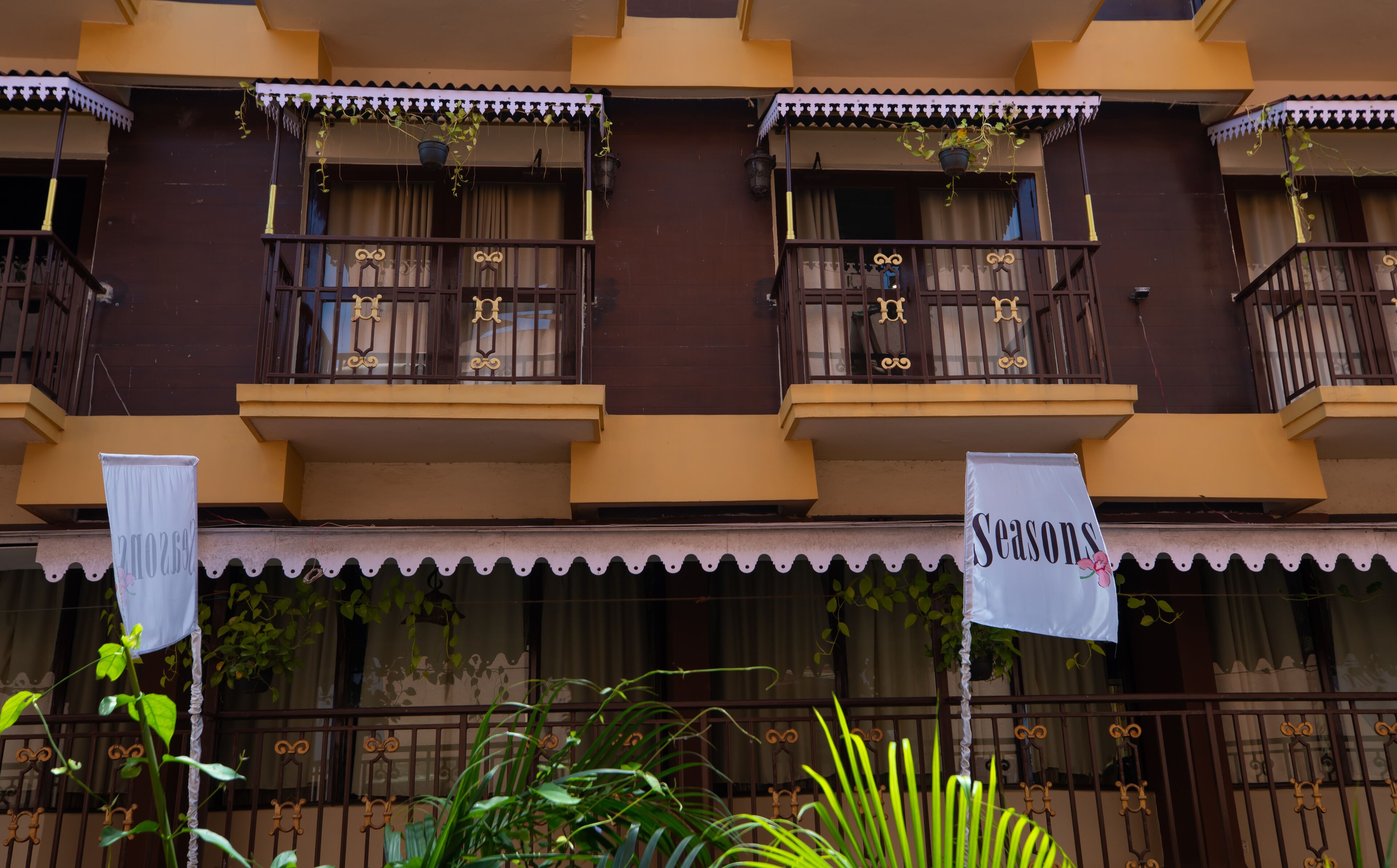 A building with balconies, decorative railings, and hanging plants.