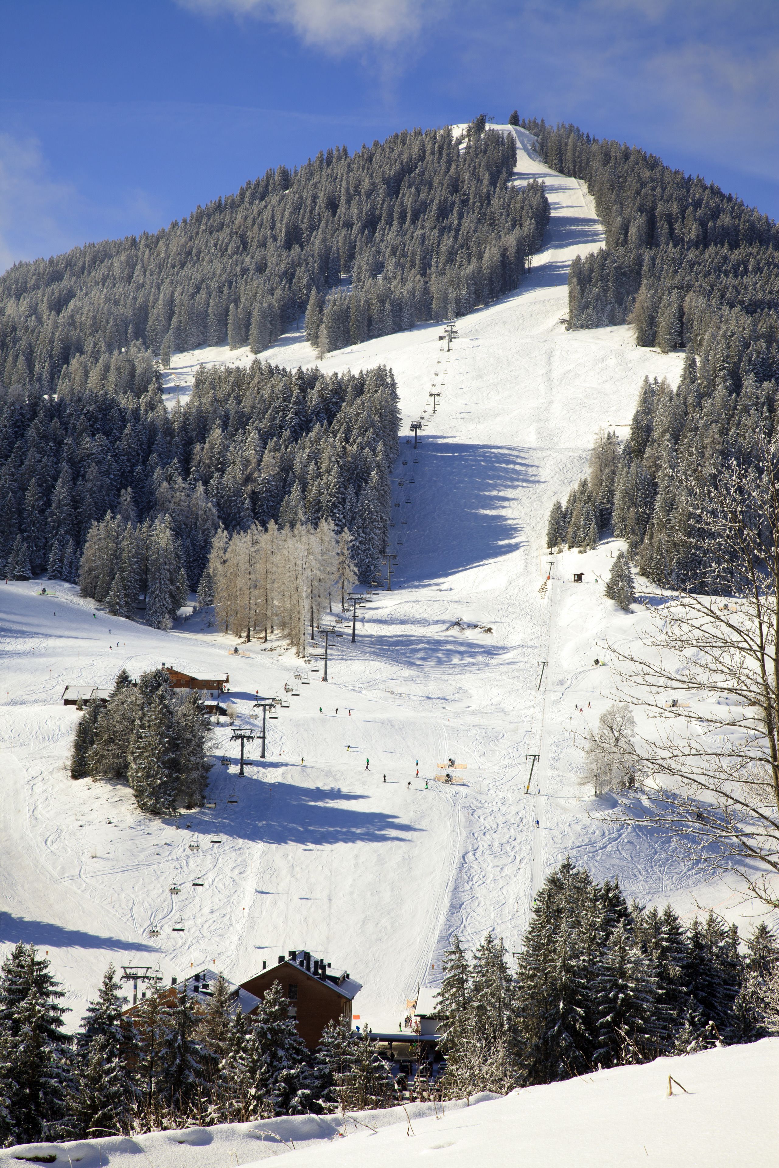 Ein mit Schnee bedeckter Skiabhang mit einer Seilbahn, Bäumen und einem Gebäude am Fuß.
