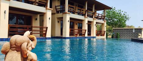 Outdoor pool, pool umbrellas, pool loungers