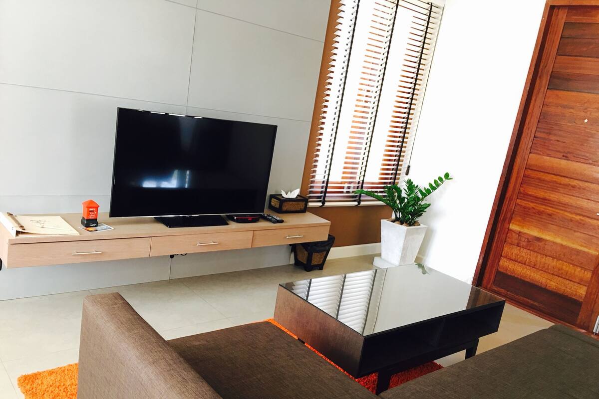 A modern living room with a flat-screen TV, wooden furniture, a potted plant, and a sliding door.