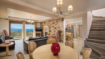 Villa, 3 Bedrooms, Private Pool, Sea View | Living area | Flat-screen TV, fireplace, DVD player