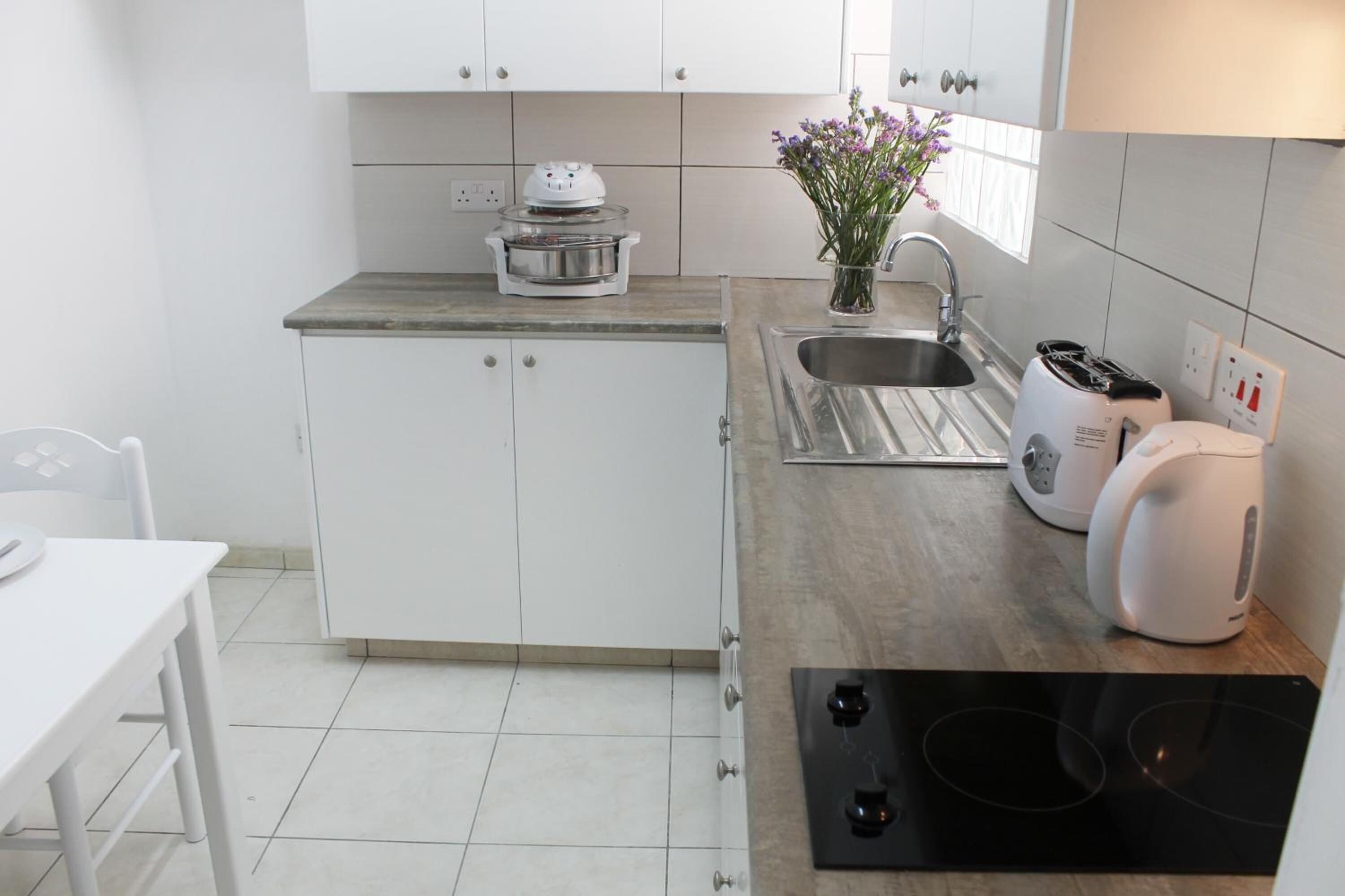 full-sized fridge, stovetop, electric kettle