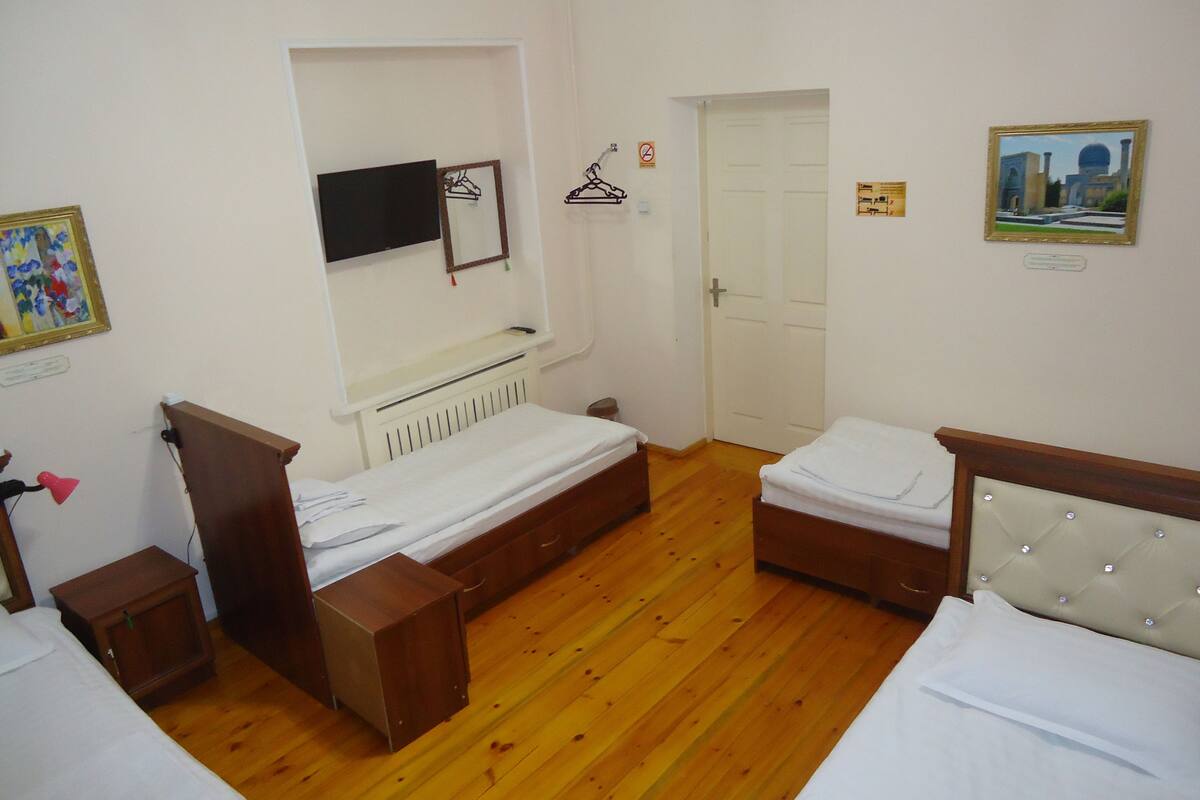 A room with two beds, a wooden floor, a white radiator, a television, a door, and a framed picture on the wall.