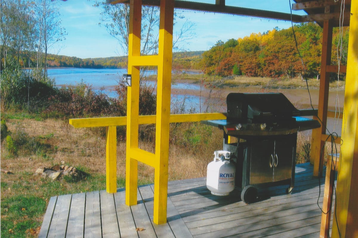 Eine Holzterrasse mit einem Grill und einem Propangasbehälter.