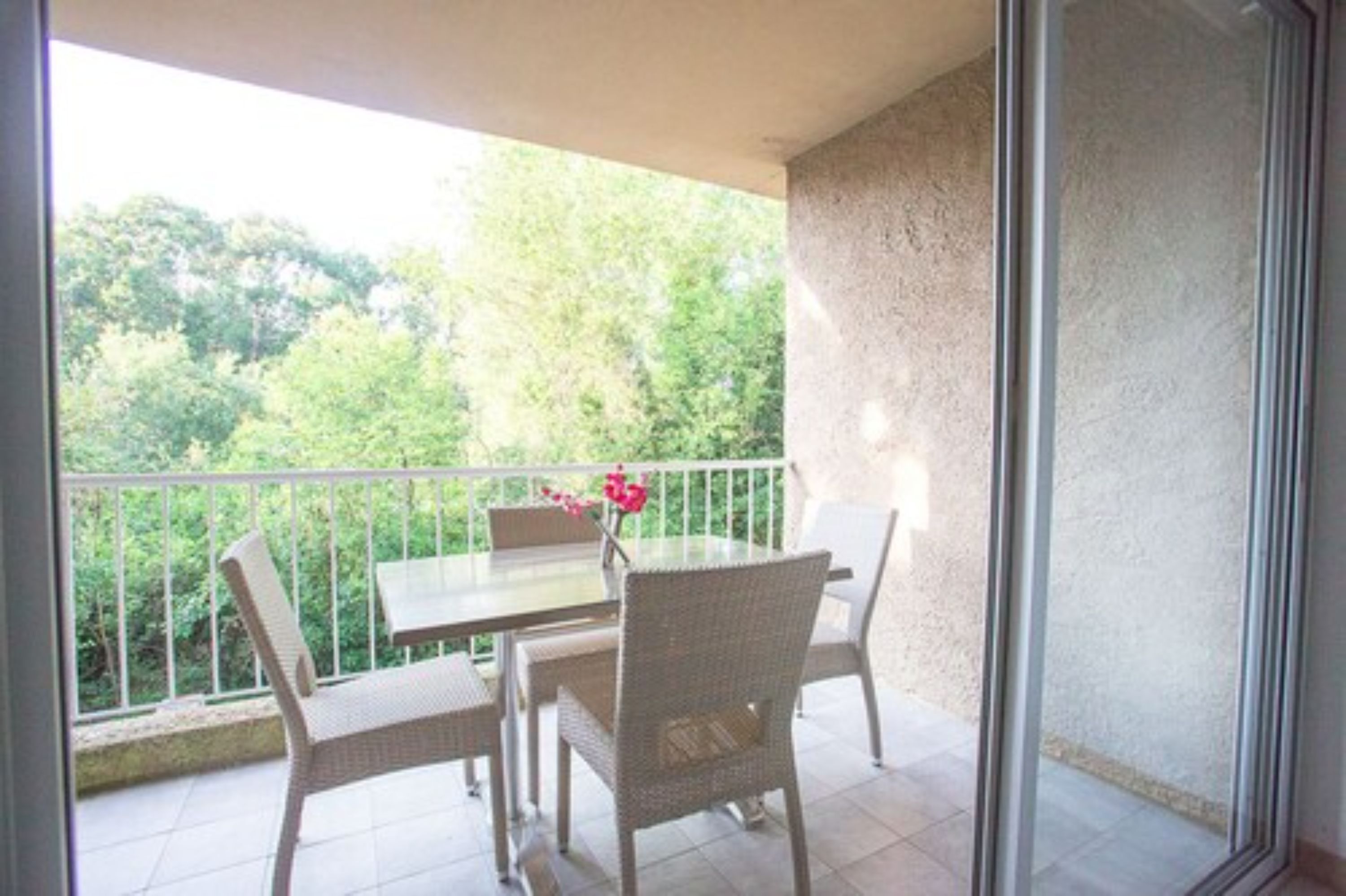 Un balcón con mesa y sillas, una planta pequeña y vistas al verdor.