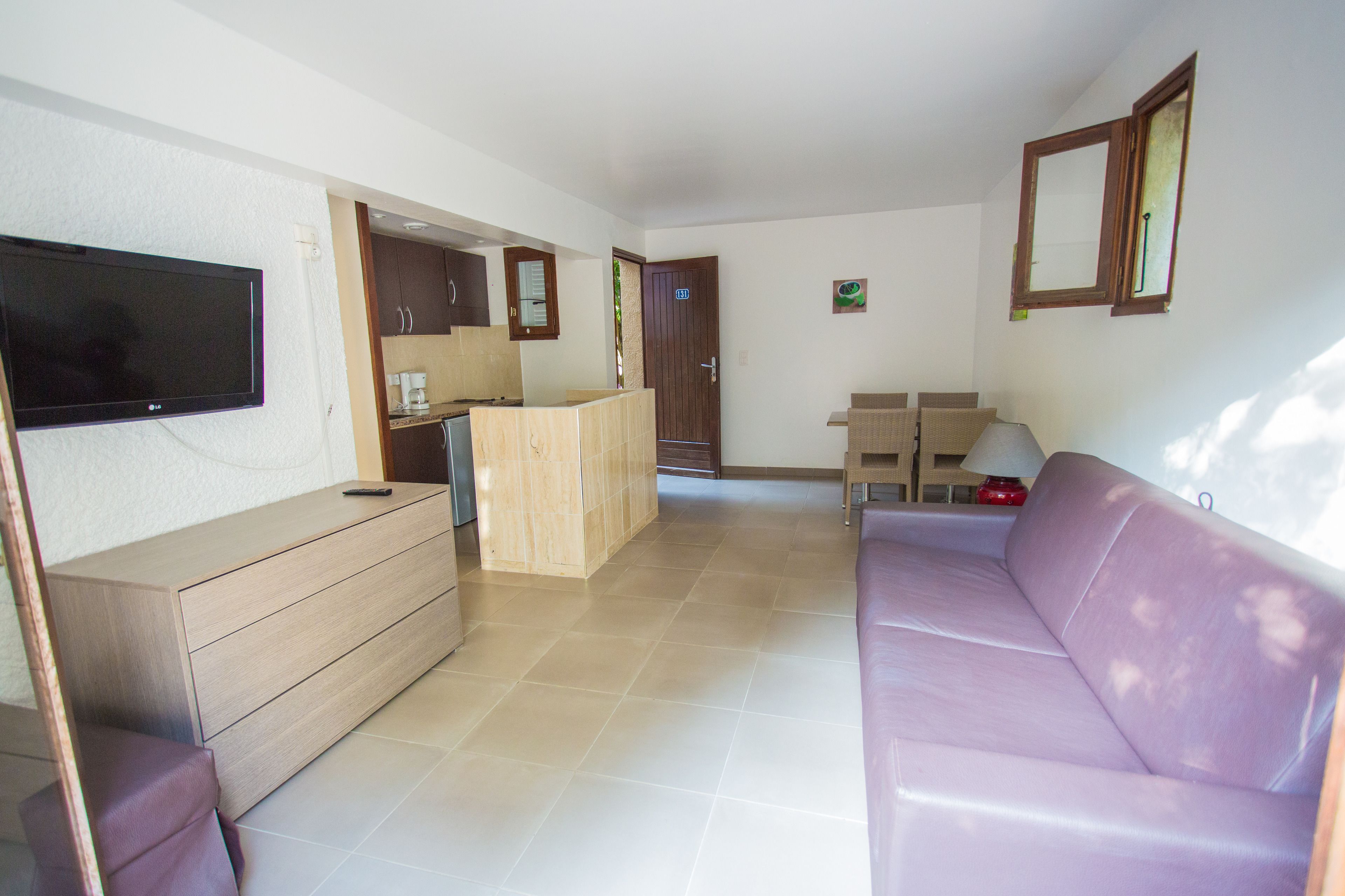 Un salon avec un canapé, un téléviseur fixé au mur, un meuble en bois et, au fond, un coin cuisine.