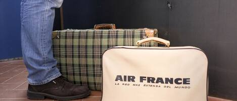 A person standing next to a green plaid suitcase and a white bag with "AIR FRANCE" text.