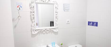 A bathroom with a white sink, a toilet, and a mirror with an ornate frame. There are signs on the wall indicating facilities.