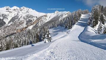 A snowy mountain landscape with a ski slope, trees, and a clear sky.