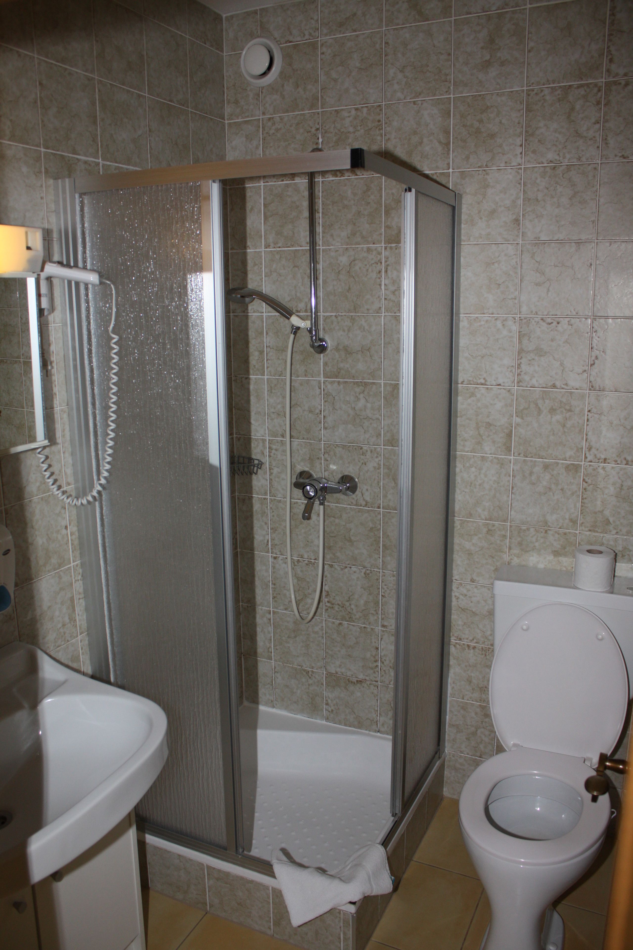 Een badkamer met een douchecabine, een toilet en een wastafel.