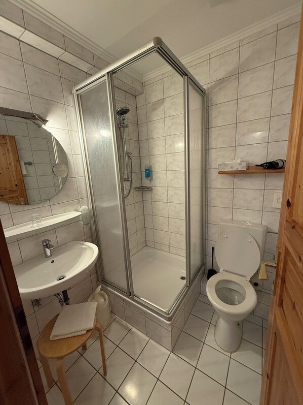 A bathroom with a shower enclosure, a sink, a toilet, and a mirror. - Landhotel Franck (Brietlingen)