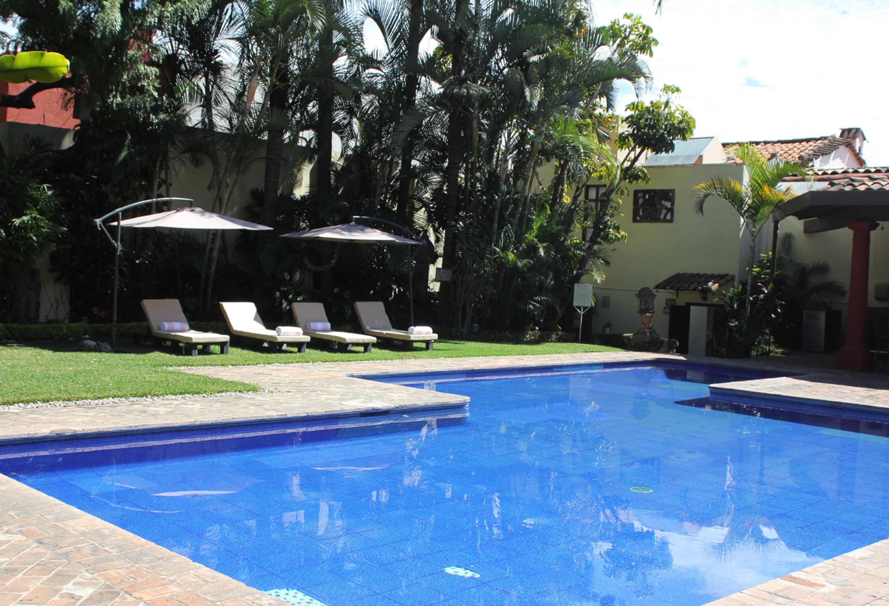 Una piscina con sillas de descanso y sombrillas, rodeada de palmeras y un edificio con techo de tejas.